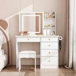 Famapy - Sliding Mirror Vanity Desk with LED Light & Hidden Storage, Makeup Table with Side Shelf for Bedroom - White