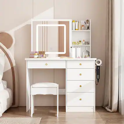 Front. Famapy - Sliding Mirror Vanity Desk with LED Light & Hidden Storage, Makeup Table with Side Shelf for Bedroom - White.