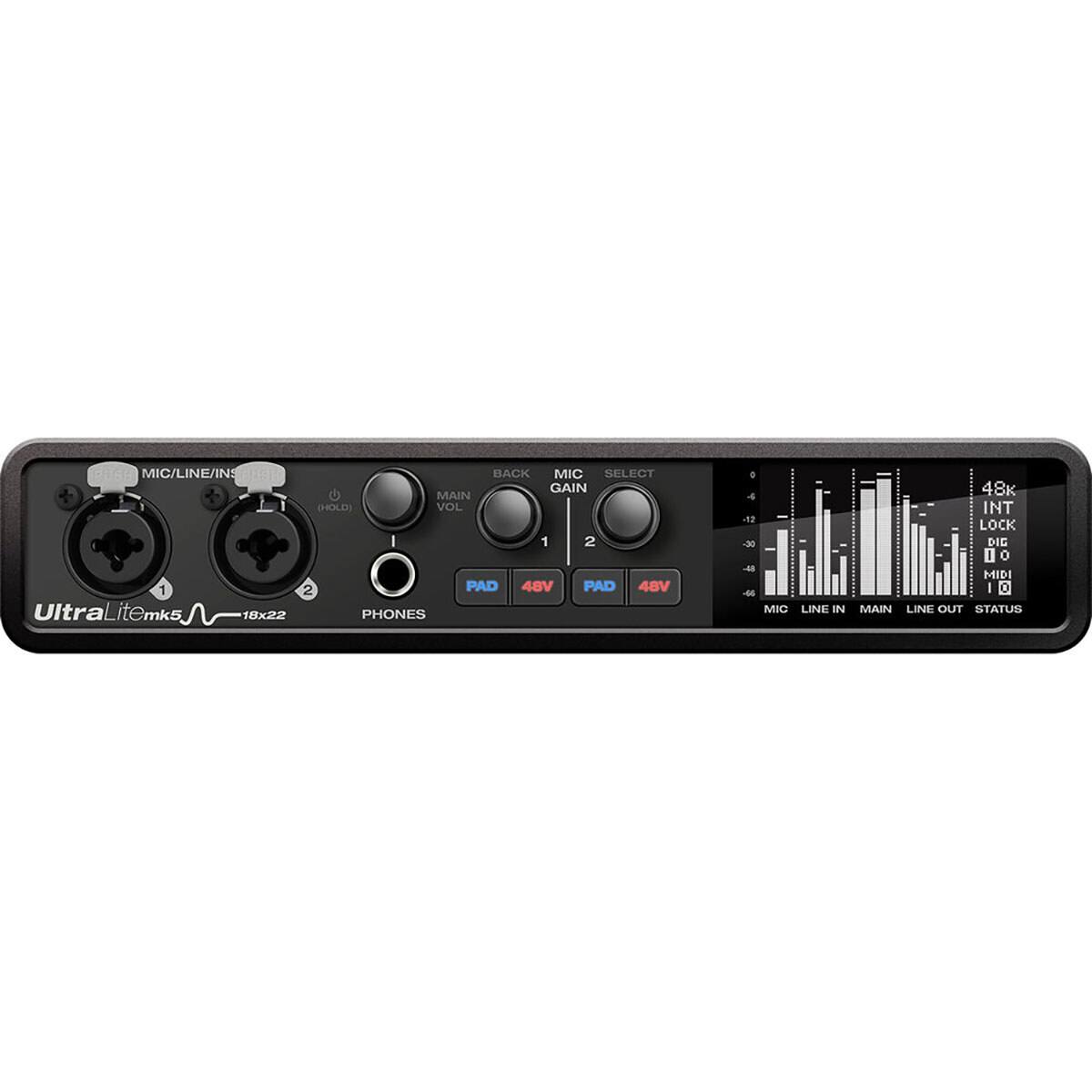 MIC/LINE/INS BACK MIC SELECT GAIN MAIN (HOLD) VOL 1 2 1 2 PAD 48V PAD 48V UltraLitemk5 18x22 PHONES . 4  -30 -4 -45 MIC LINE IN 48k INT LOCK DIG [ 0 MIDI I O MAIN LINE OUT STATUS