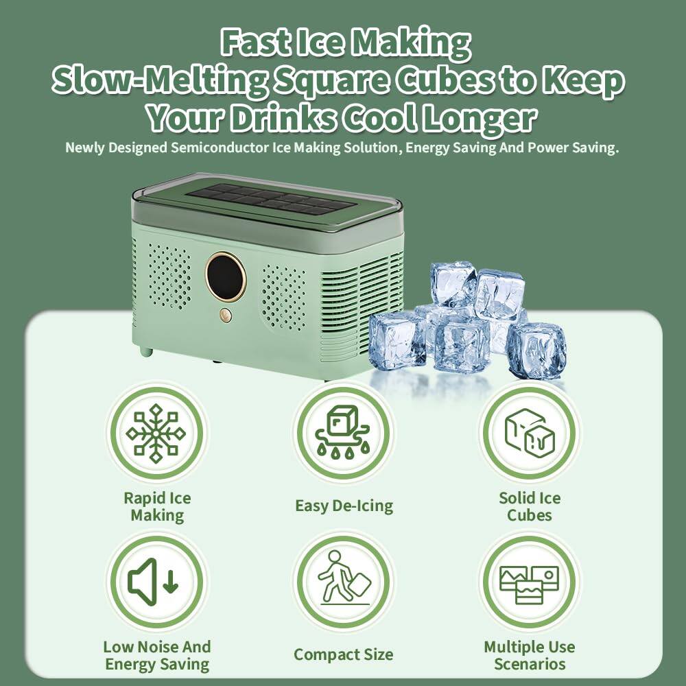 Fast Ice Making Slow-Melting Square Cubes to Keep Your Drinks Cool Longer  
Newly Designed Semiconductor Ice Making Solution, Energy Saving And Power Saving.  
Rapid Ice Making Easy De-Icing Solid Ice Cubes Low Noise And Energy Saving Compact Size Multiple Use Scenarios