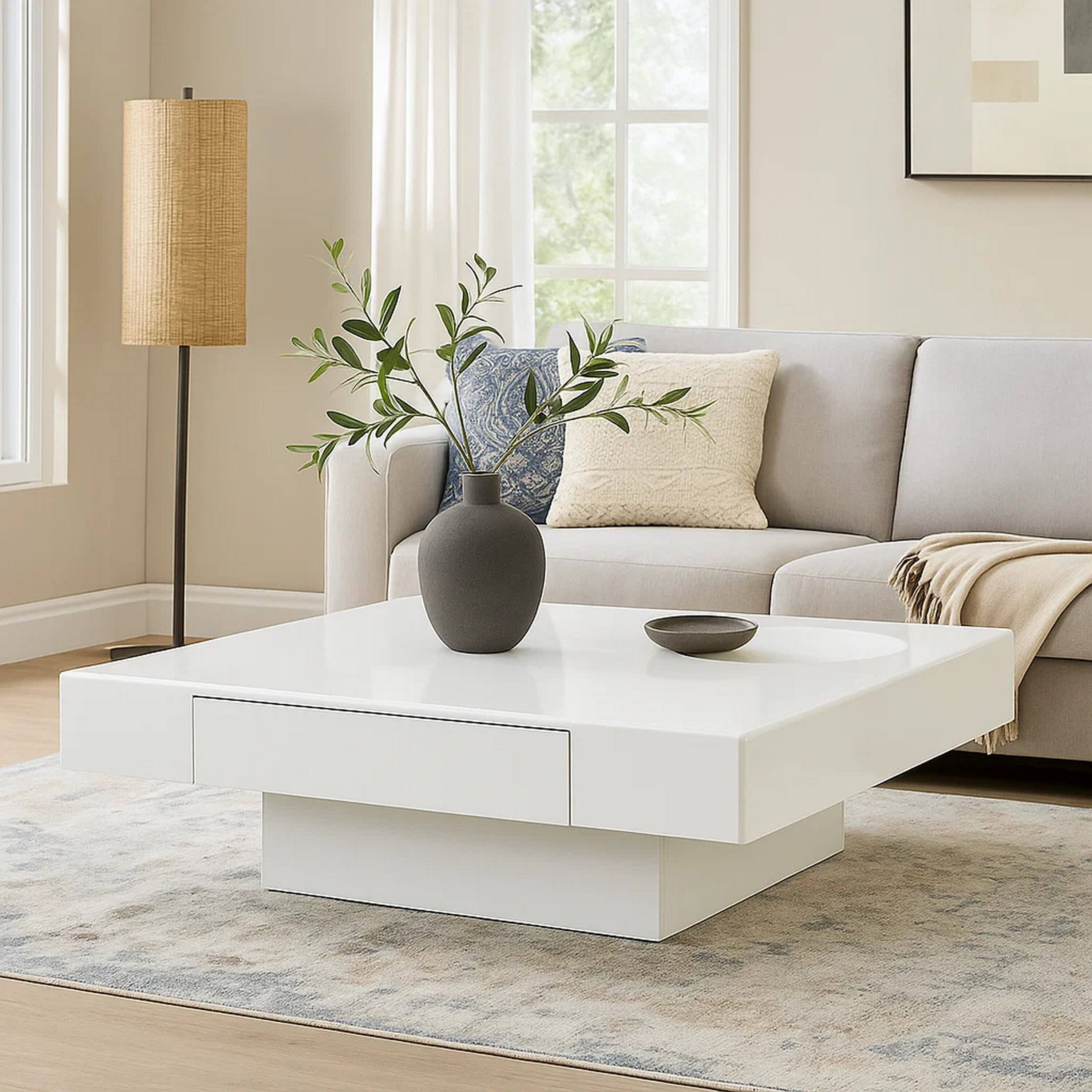 Alt View 5. Manhattan Lane - Keya Coffee Table, 43 Inch Square Plinth Top, High Gloss White Finish - Glossy White.