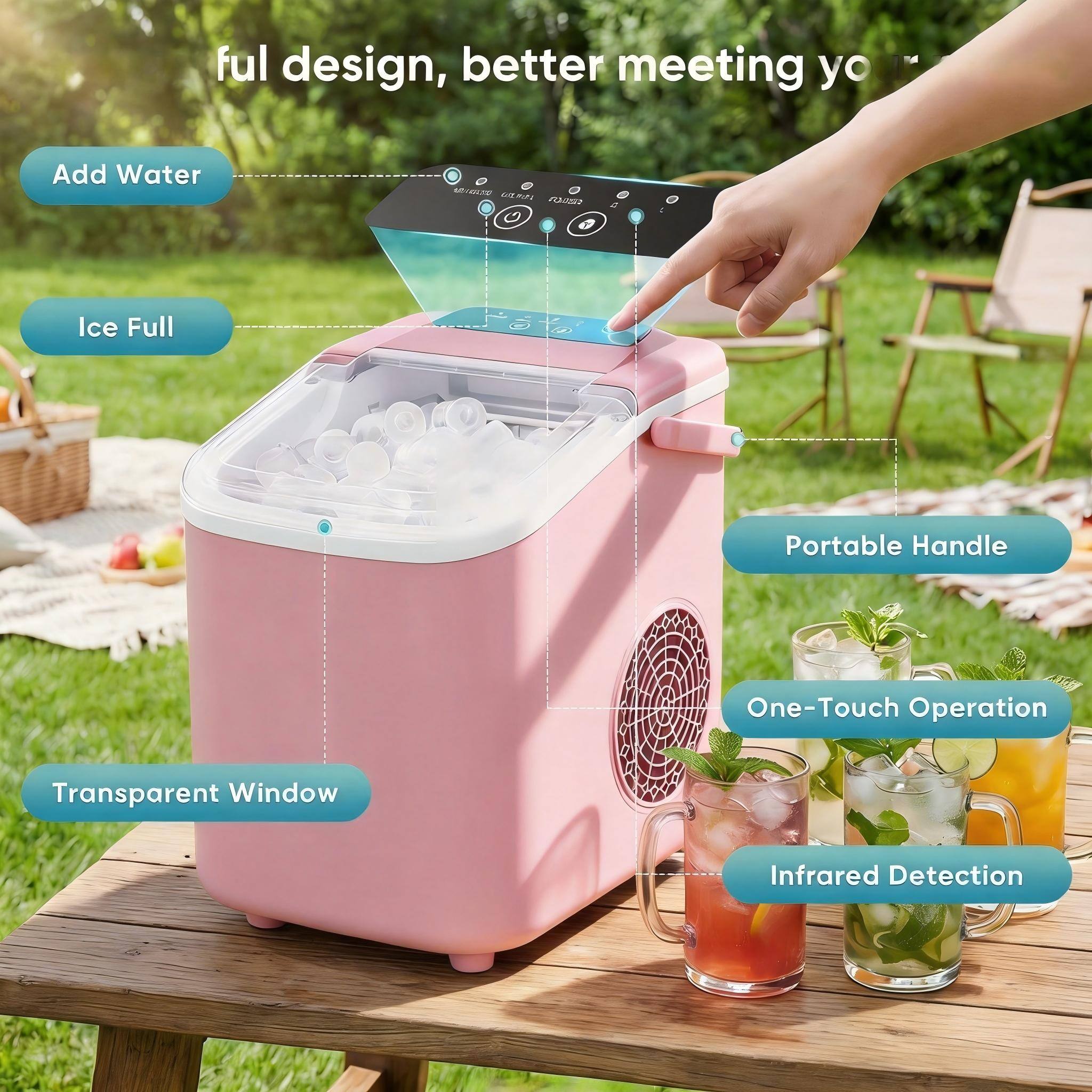 Full design, better meeting your needs. Add Water, Ice Full, Portable Handle, One-Touch Operation, Transparent Window, Infrared Detection