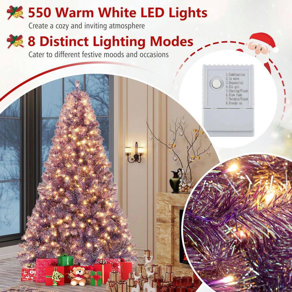 550 Warm White LED Lights  
Create a cozy and inviting atmosphere  

8 Distinct Lighting Modes  
Cater to different festive moods and occasions  

1. Combination  
2. In wave  
3. Sequential  
4. Slow fade  
5. Chasing/Flash  
6. Slow fade  
7. Twinkle/Flash  
8. Steady on