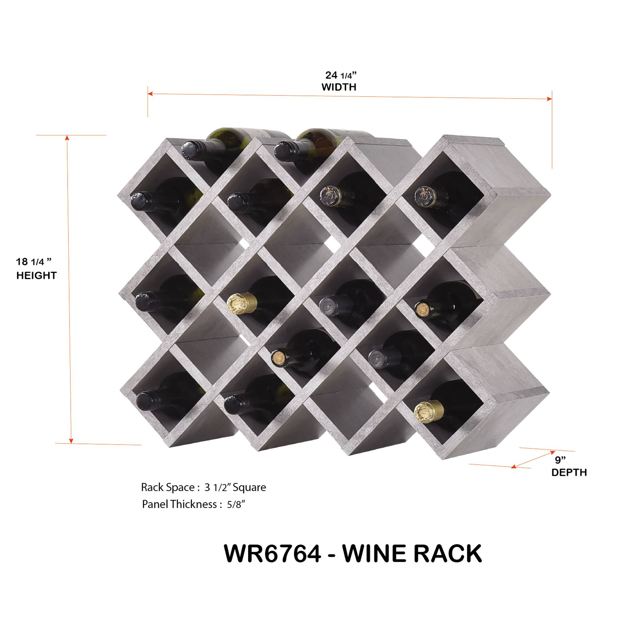 WR6764 - WINE RACK

24 1/4" WIDTH  
18 1/4" HEIGHT  
9" DEPTH  

Rack Space: 3 1/2" Square  
Panel Thickness: 5/8"