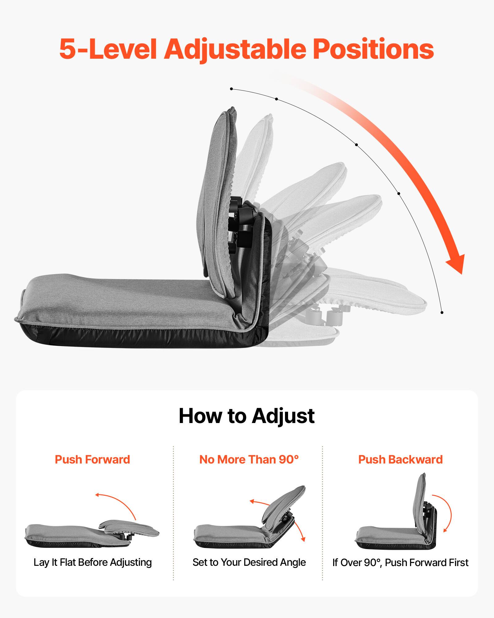 5-Level Adjustable Positions

How to Adjust

Push Forward
Lay It Flat Before Adjusting

No More Than 90°
Set to Your Desired Angle

Push Backward
If Over 90°, Push Forward First