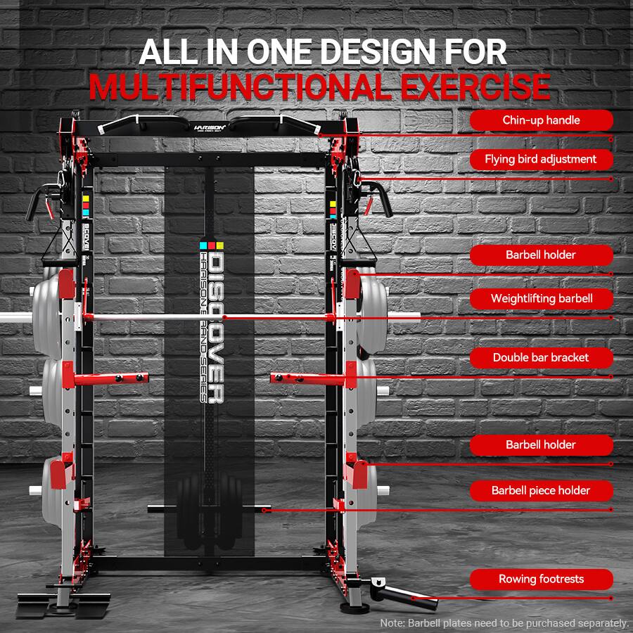 ALL IN ONE DESIGN FOR MULTIFUNCTIONAL EXERCISE

- Chin-up handle
- Flying bird adjustment
- Barbell holder
- Weightlifting barbell
- Double bar bracket
- Barbell holder
- Barbell piece holder
- Rowing footrests

Note: Barbell plates need to be purchased separately.