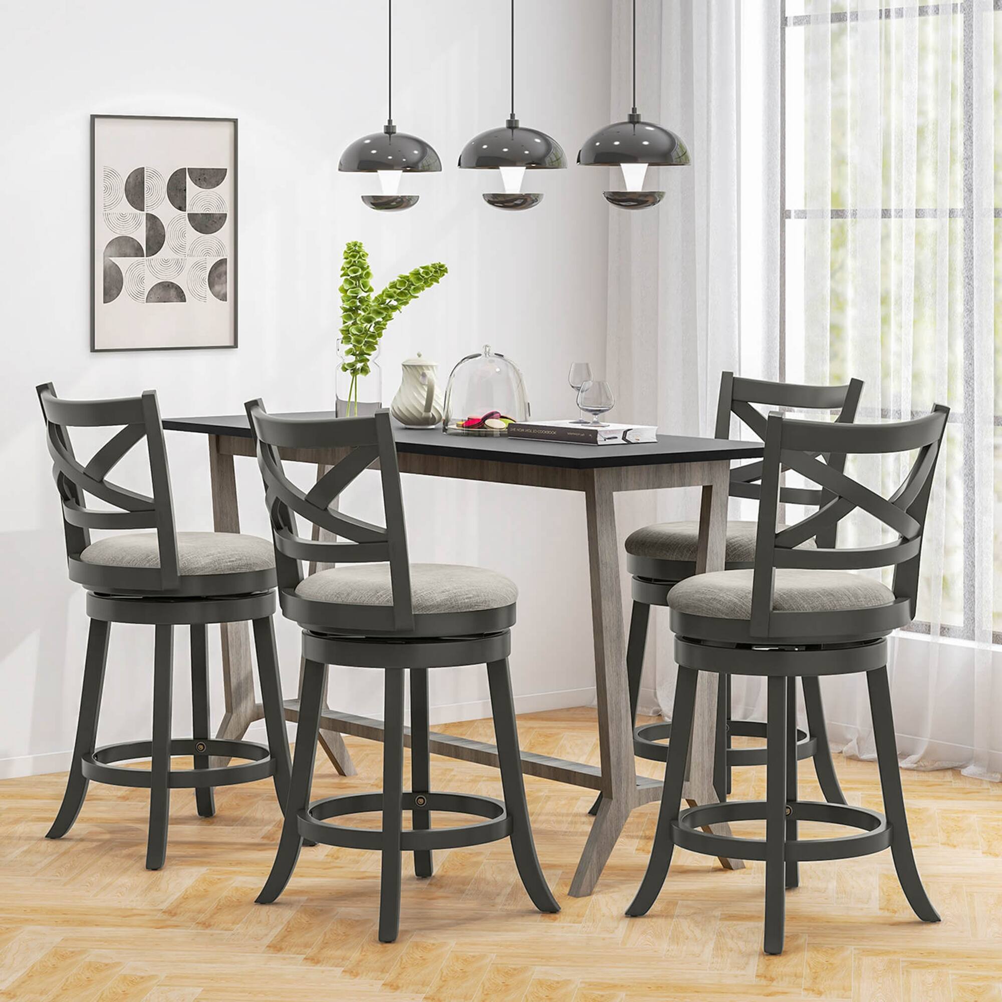 Alt View 1. Costway - Swivel Bar Stools Set of 4 Counter Height Chairs with Hollow Back  Soft-padded Seat - Grey.