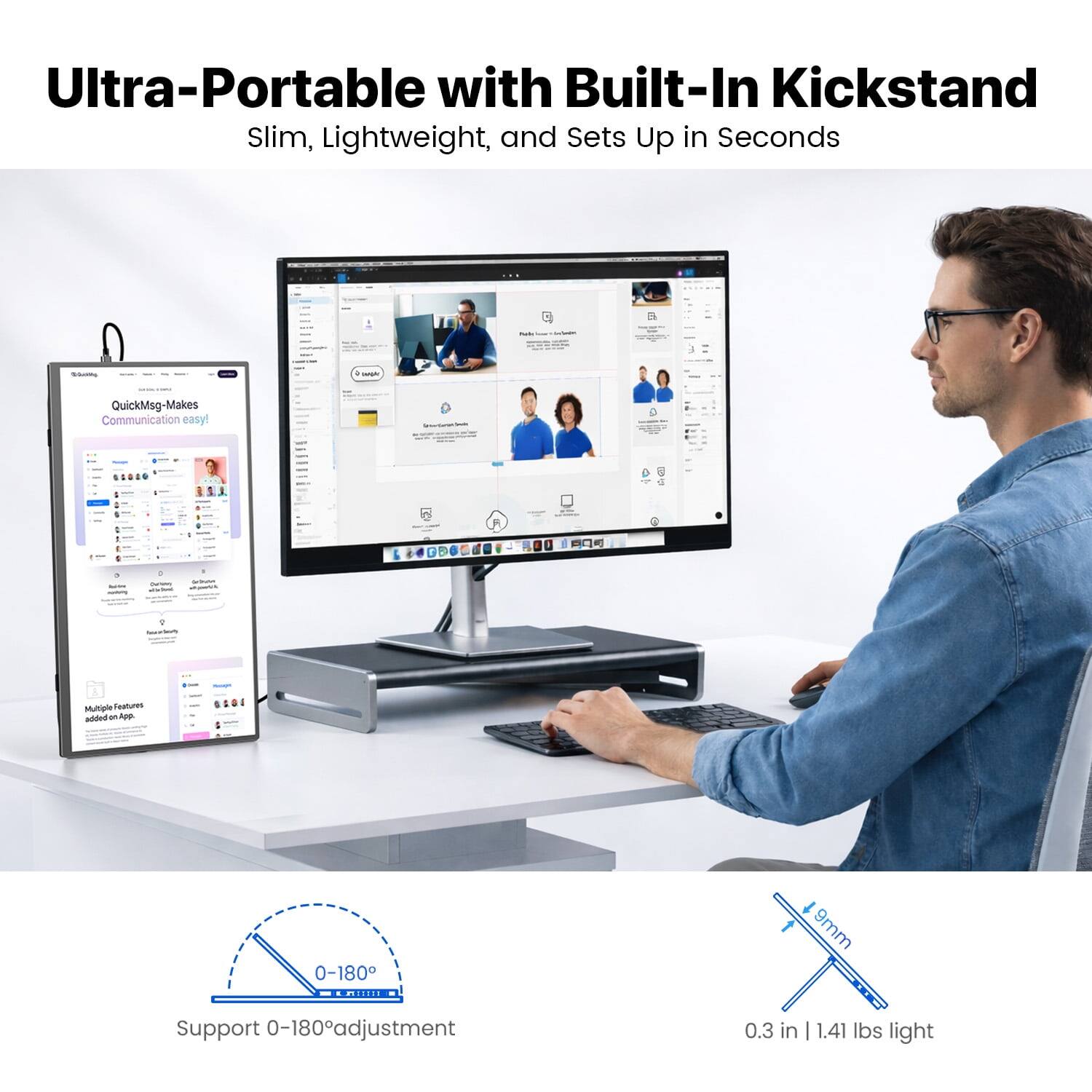 Ultra-Portable with Built-In Kickstand Slim, Lightweight, and Sets Up in Seconds - QuickMsg-Makes Communication easy! ....  . 1 F Multiple Features added on App .... 0-180 ASER 9mm Support 0-180 adjustment 0.3 in 1.41 lbs light