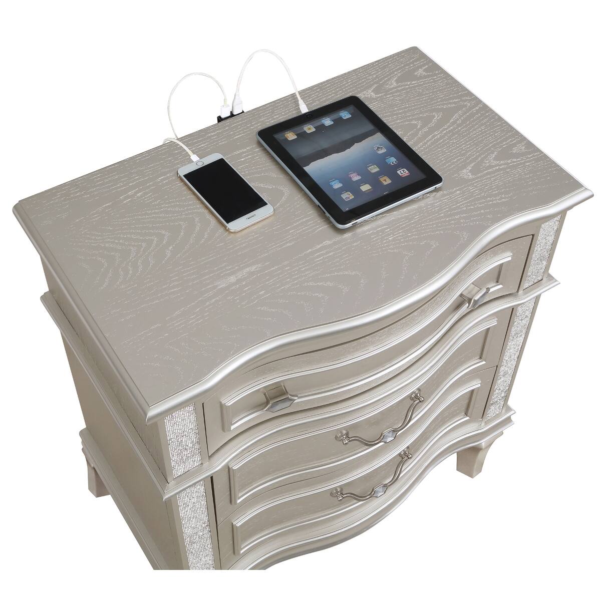 Alt View 2. Loheer - Loheer Silver Oak 3 Drawer Nightstand with Geometric Hardware and Tapered Legs - Silver Oak.
