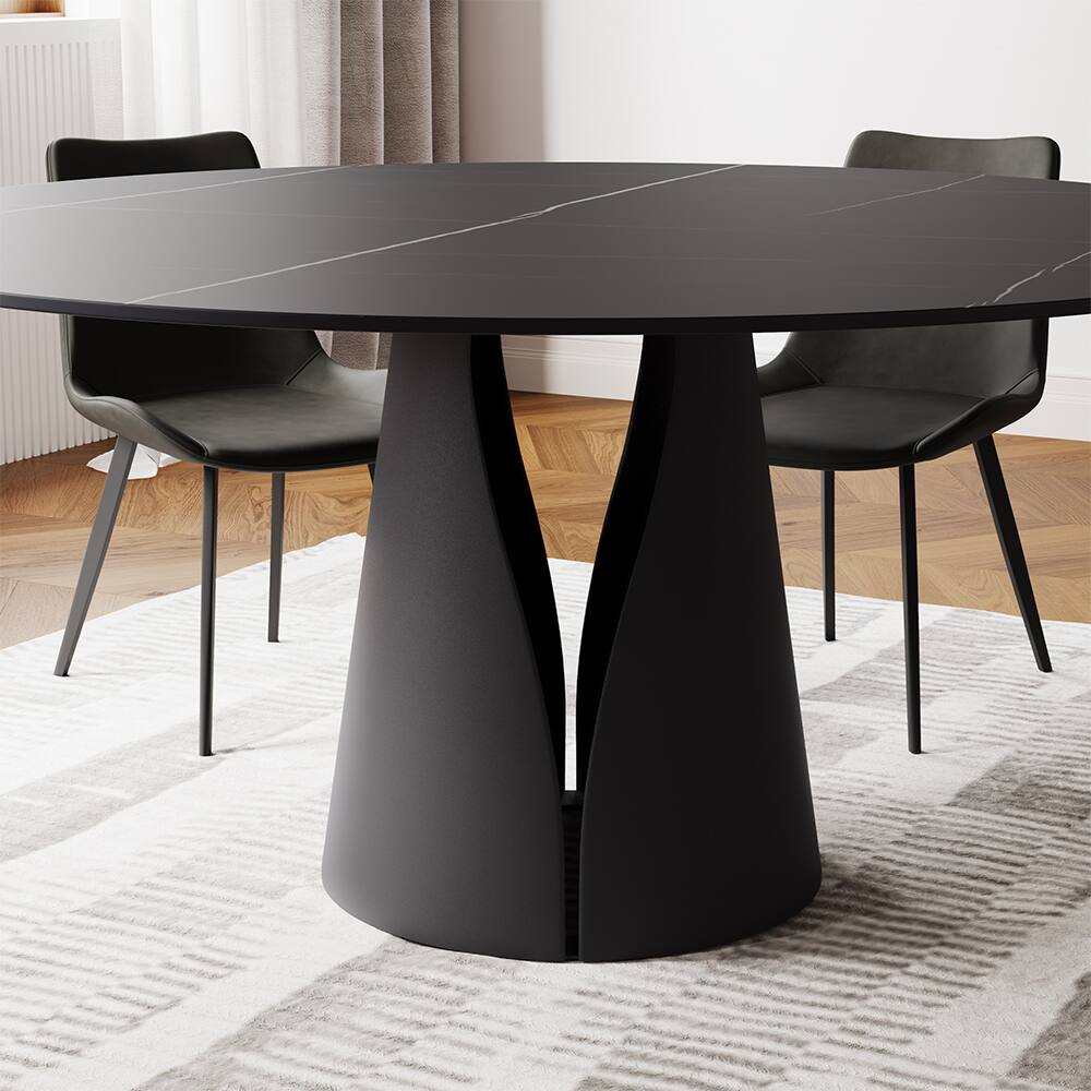 Alt View 9. POVISON - 59" Modern Black Round Dining Table for 6, Matte Sintered Stone Tabletop, Black Carbon Steel Base - Matte Black Sintered Stone & Black Steel Base.