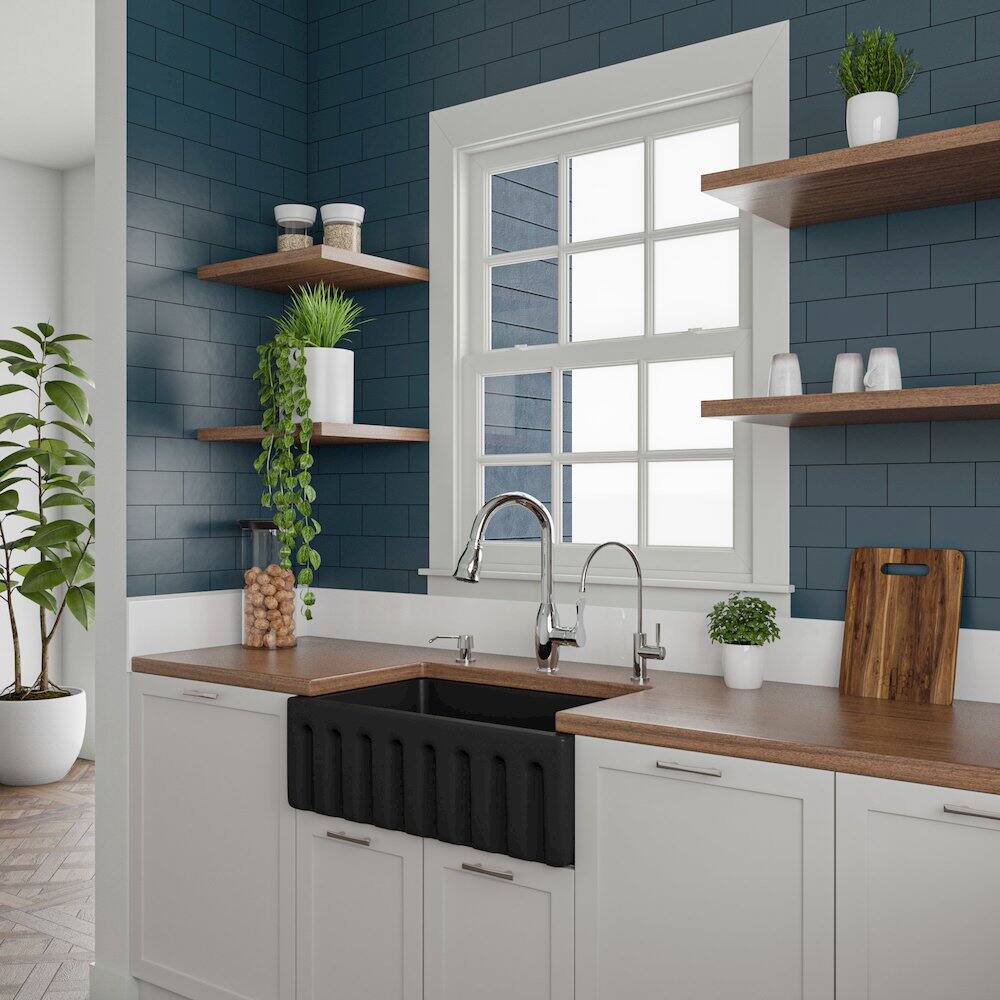 Alt View 2. Alfi - ALFI brand 30 Black Matte Reversible Smooth / Fluted Single Bowl Fireclay Farm Sink - Black.