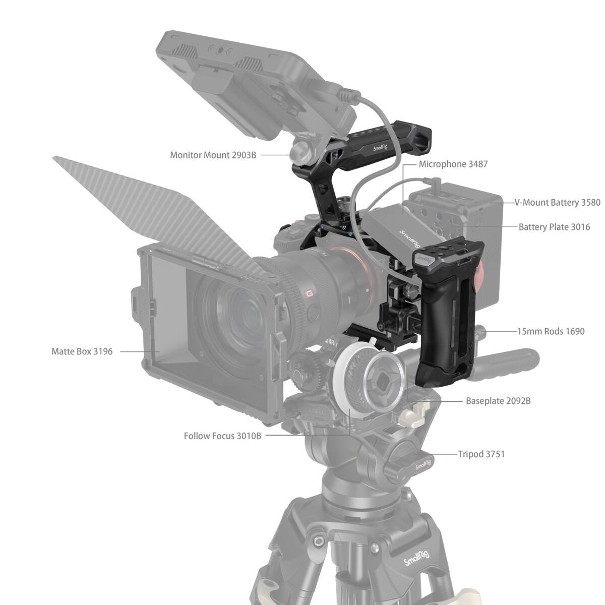 Monitor Mount 2903B  
Smallrig Microphone 3487  
V-Mount Battery 3580  
Smallrig Battery Plate 3016  
Matte Box 3196  
JRA 15mm Rods 1690  
Baseplate 2092B  
Follow Focus 3010B  
Smallrig Tripod 3751