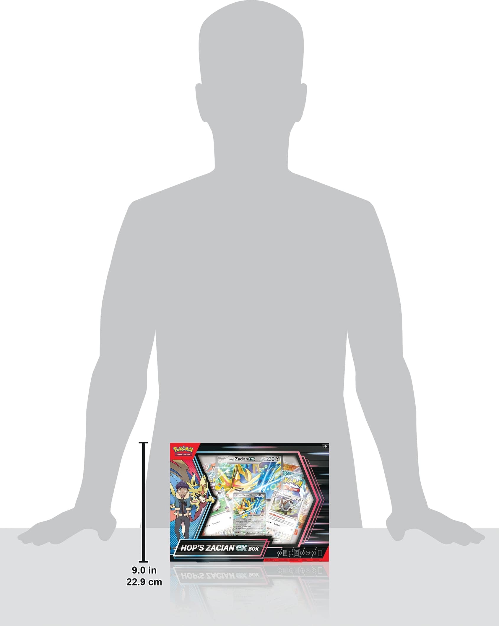 The text on the image reads "TURiAA - aam: 230 1. L KEMAN HOP'S ZACIAN ex BOX 0 U 0 9.0 in 22.9 cm HOP'S ZACIAN GX BOX QUQR". This text is likely related to a product or a description, but it is not clear what it refers to without more context.