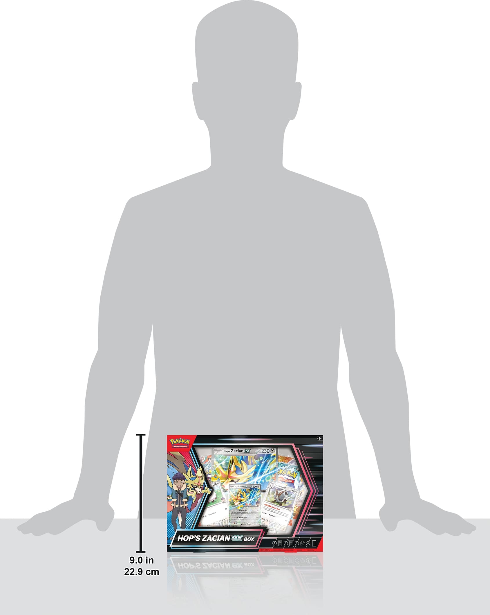 The text on the image reads "TURiAA - aam: 230 1. L KEMAN HOP'S ZACIAN ex BOX 0 U 0 9.0 in 22.9 cm HOP'S ZACIAN GX BOX QUQR". This text is likely related to a product or a description, but it is not clear what it refers to without more context.