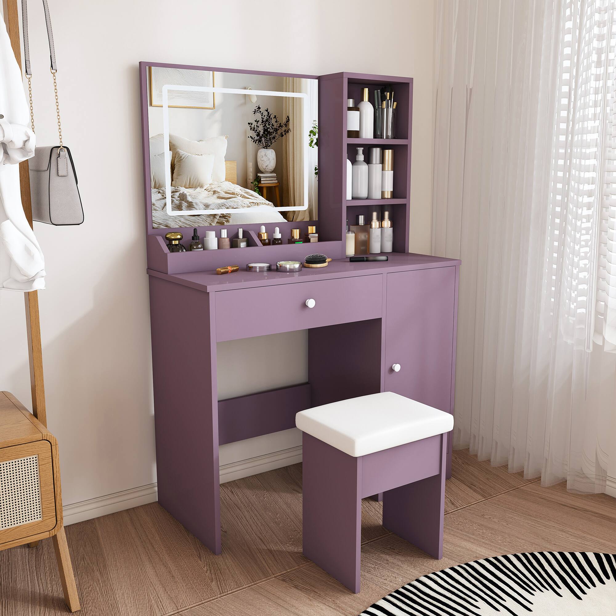 Angle. Z-Edge - Vanity Desk Set with Padded Stool & Adjustable LED Lighted Mirror (3 Color Modes), Modern Dressing Table for Bedroom - Purple.
