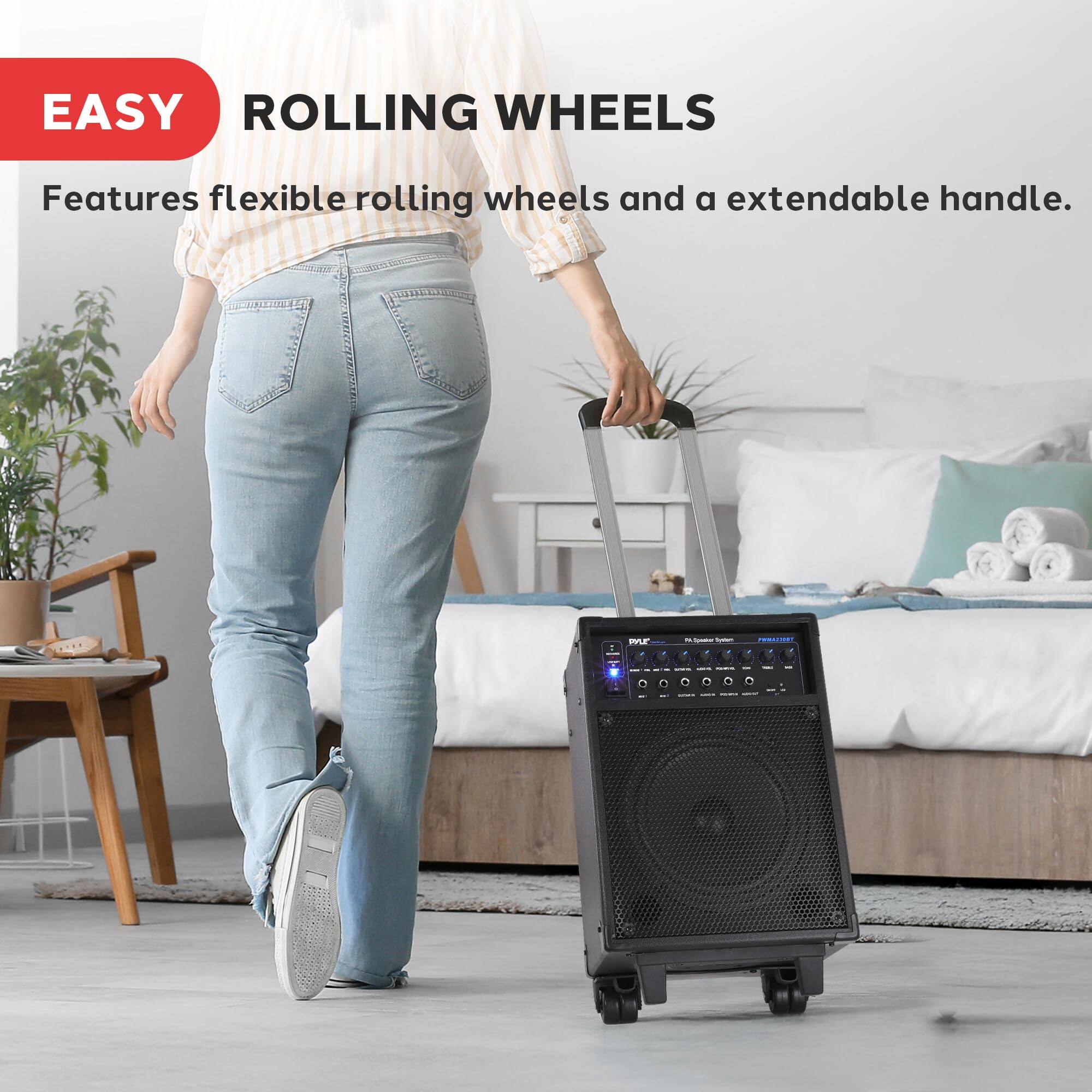EASY ROLLING WHEELS  
Features flexible rolling wheels and a extendable handle.