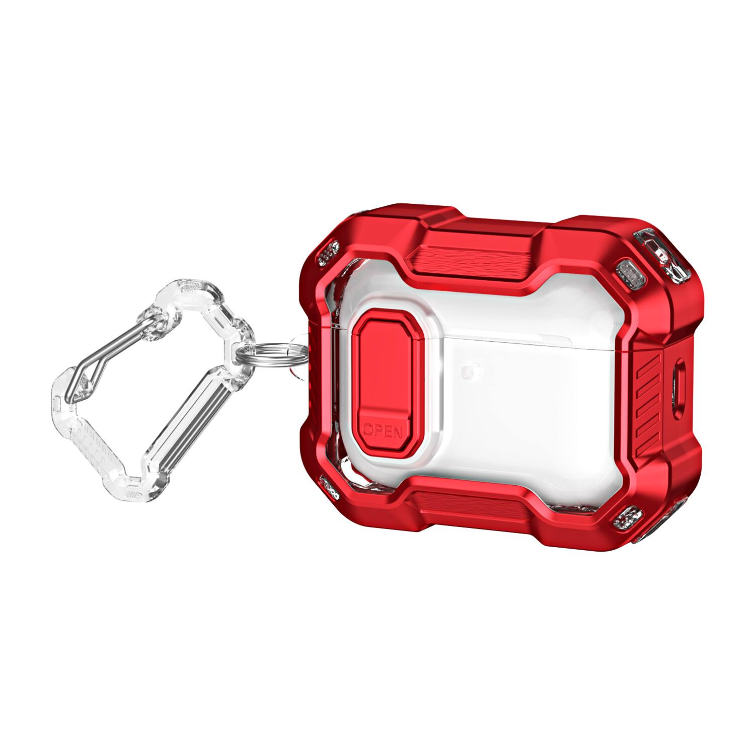 Angle. UUCOVER - Rugged Protective Case for Apple Airpods Pro 2nd Gen (2022) with Lock and Carabiner Shockproof PC Clear Cover - Red.