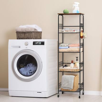 Front. Oumilen - 5-Tier Wire Storage Shelf with Wood Top, Black Metal Frame & Accessories, Brown - Brown.