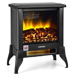 Costway - 18" Electric Fireplace Stove Freestanding Heater W/ Flame Effect 1400W - Black