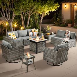 Ovios - 10 PCS Outdoor Patio Furniture Sectional Sofa Set with Swivel Chairs & 30“ Fire Pit Table - Dark Gray