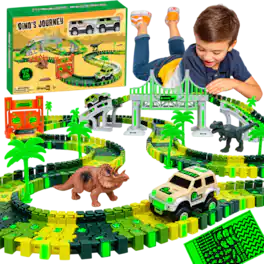 JitteryGit - Dino Track Journey Glow-in-the-Dark Dinosaur Race Track Set with Flexible Track & Battery-Powered 4x4 Car