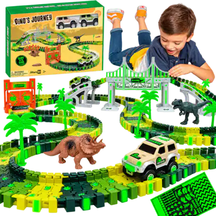 IT'S A THRILLING DINO RACE... AND AN EXCITING BRIDGE CROSS!
DINO'S JOURNEY
GLOW IN THE DARK
WARNING: Jittery bit 3+
BEWARE
ROARRR
KHANCE
ROARRR