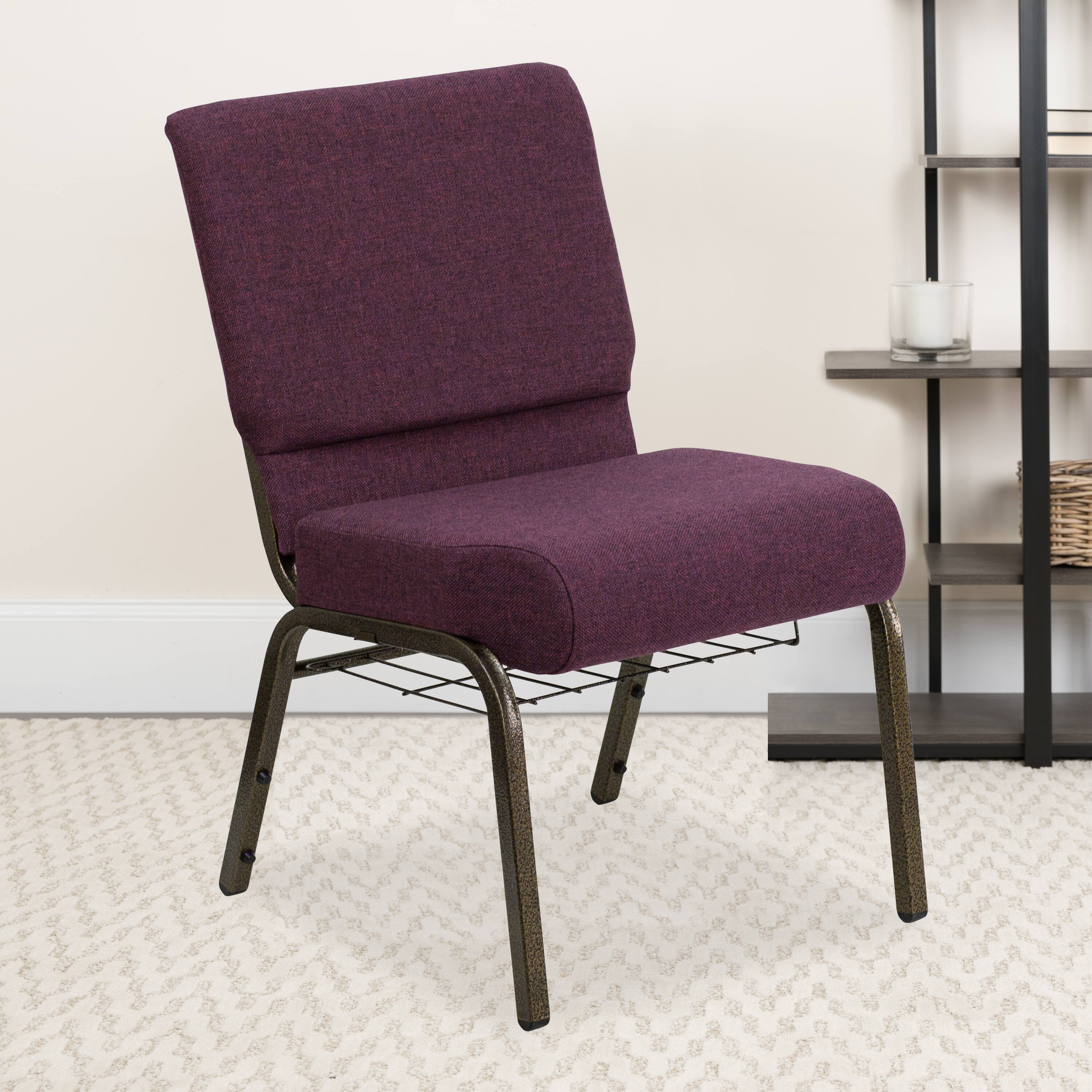 Alt View 1. Emma + Oliver - 4 Pack 21''W Church Chair with Book Rack - Plum Fabric/Gold Vein Frame.