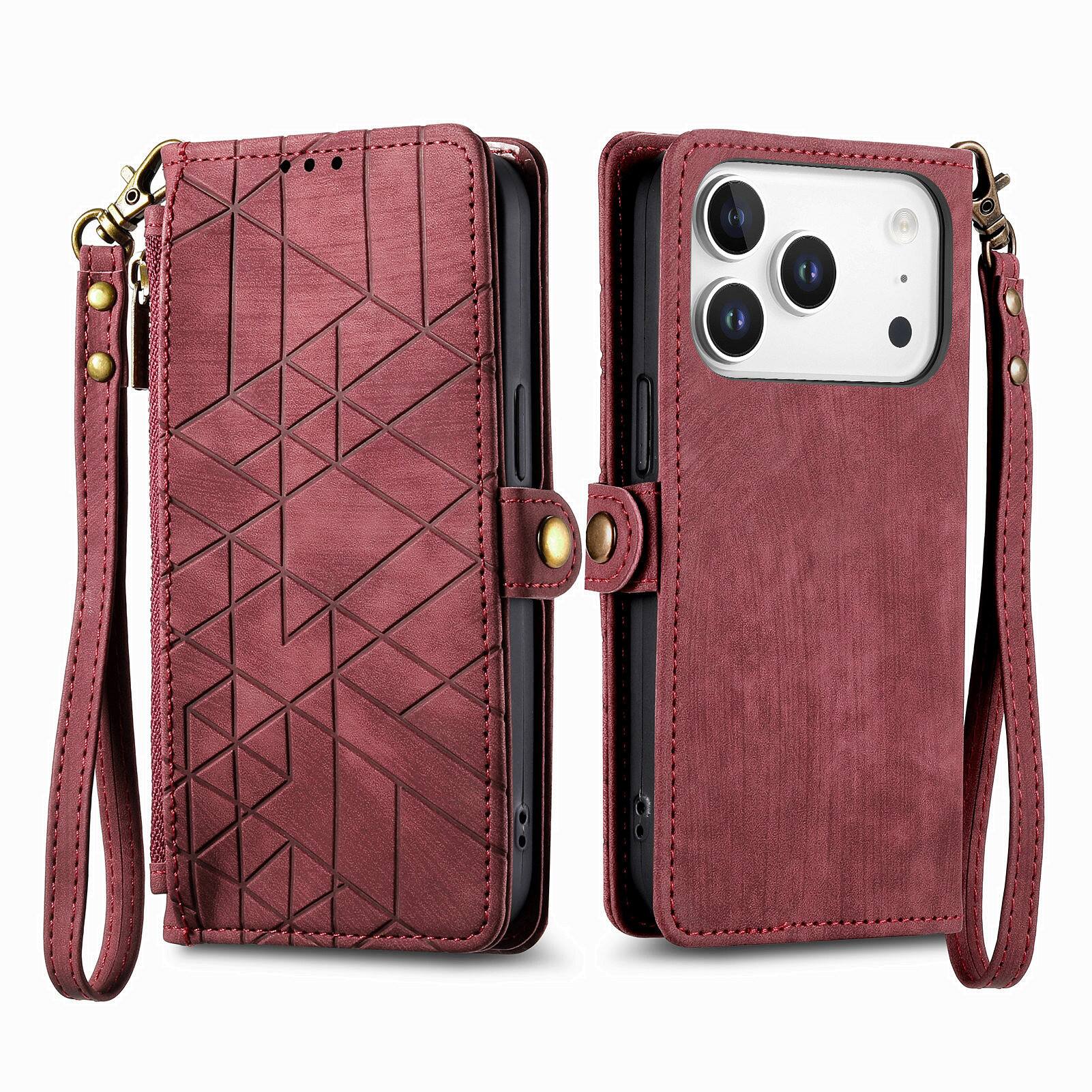 Back. Dteck - Magnetic Wallet Case For Apple iPhone 18 Pro Max, Shockproof Zipper Kickstand Card Holder with Lanyard Flip Cover - Red.