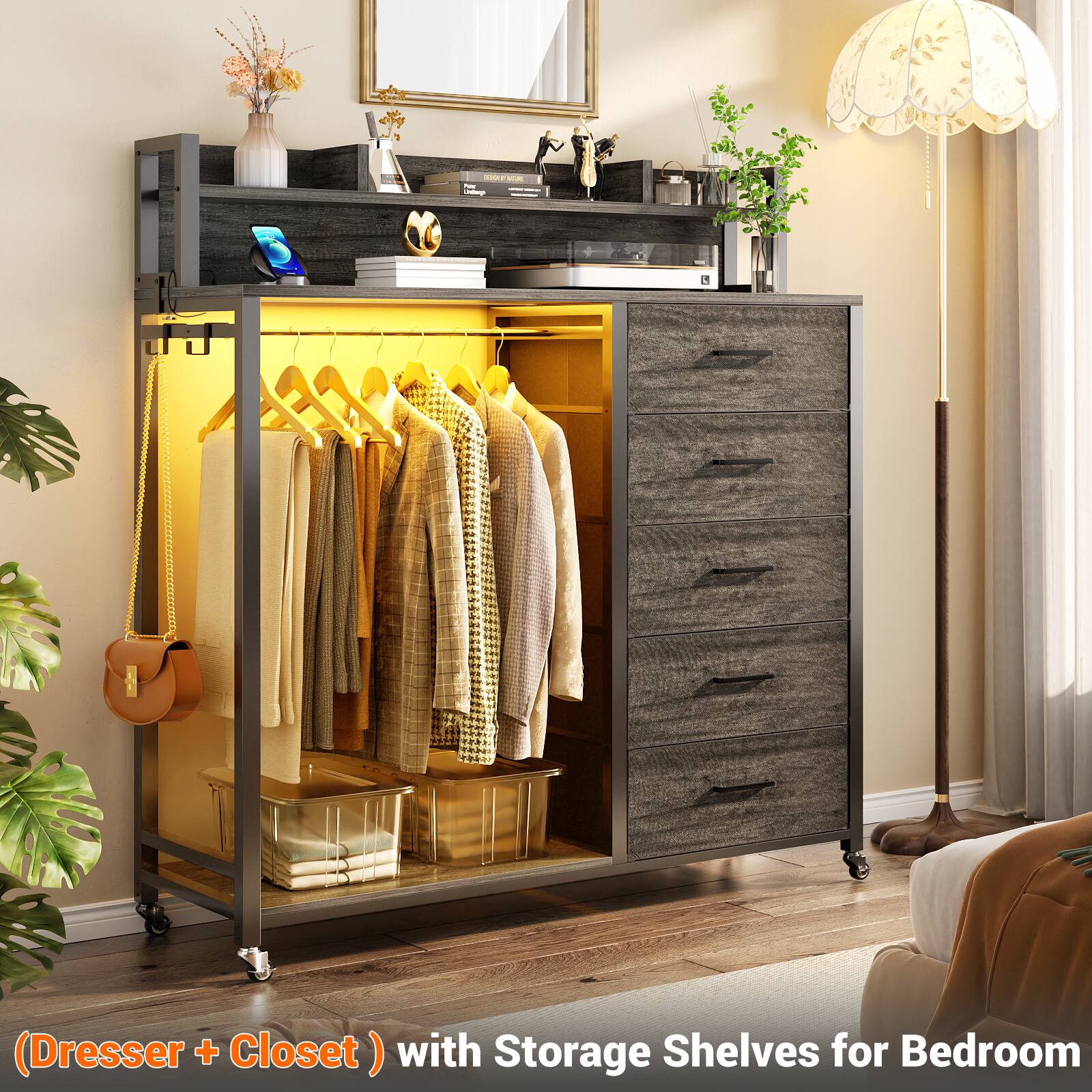 (Dresser + Closet) with Storage Shelves for Bedroom