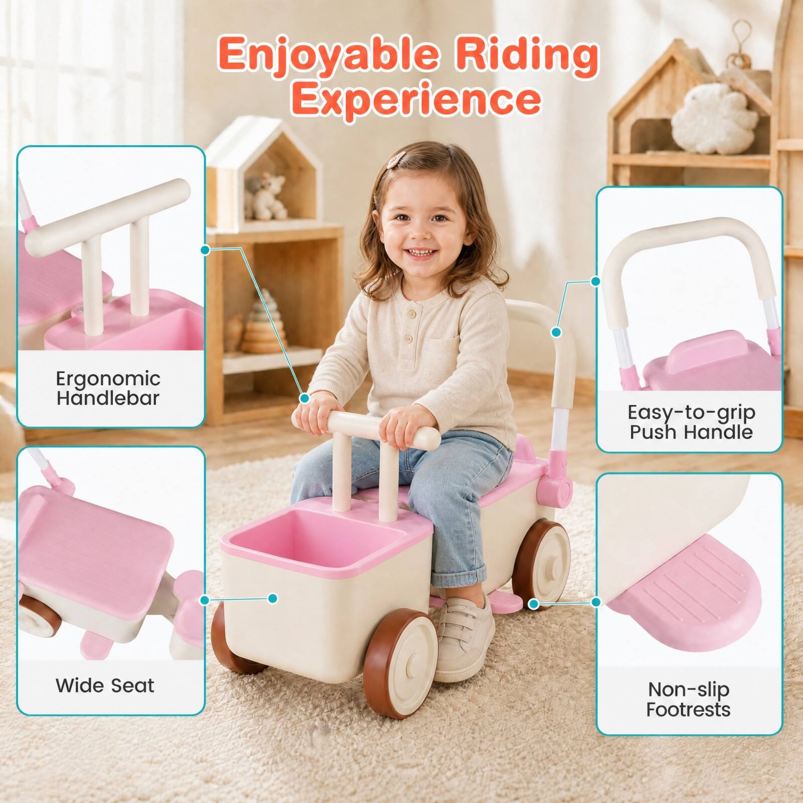Enjoyable Riding Experience

- Ergonomic Handlebar
- Easy-to-grip Push Handle
- Wide Seat
- Non-slip Footrests