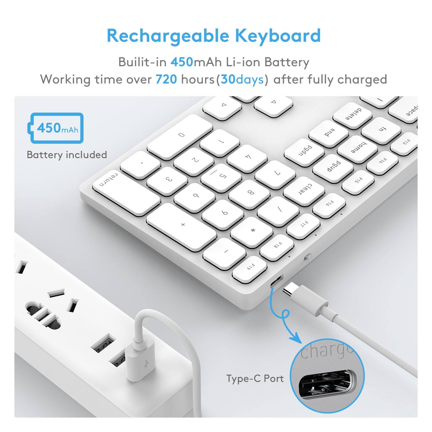 Rechargeable Keyboard  
Built-in 450mAh Li-ion Battery  
Working time over 720 hours (30 days) after fully charged  

450mAh  
Battery included  

Type-C Port