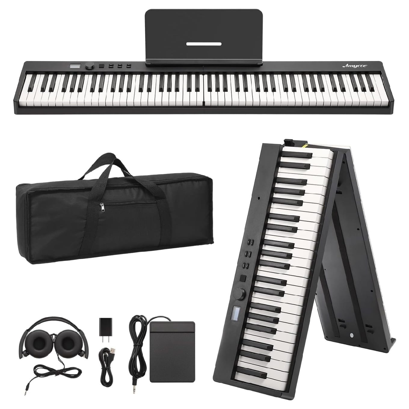 GARVEE - 88 Key Foldable Portable Piano – Compact Full-Size Electronic Keyboard with Bluetooth - Black and White