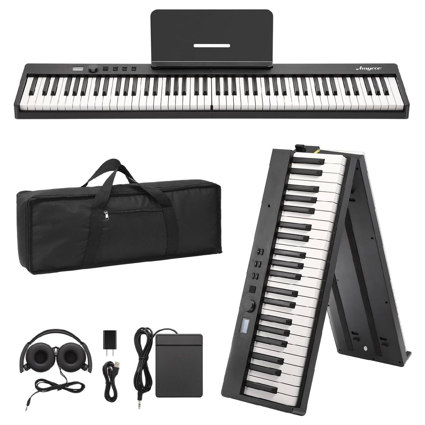 Front. GARVEE - 88 Key Foldable Portable Piano – Compact Full-Size Electronic Keyboard with Bluetooth - Black and White.