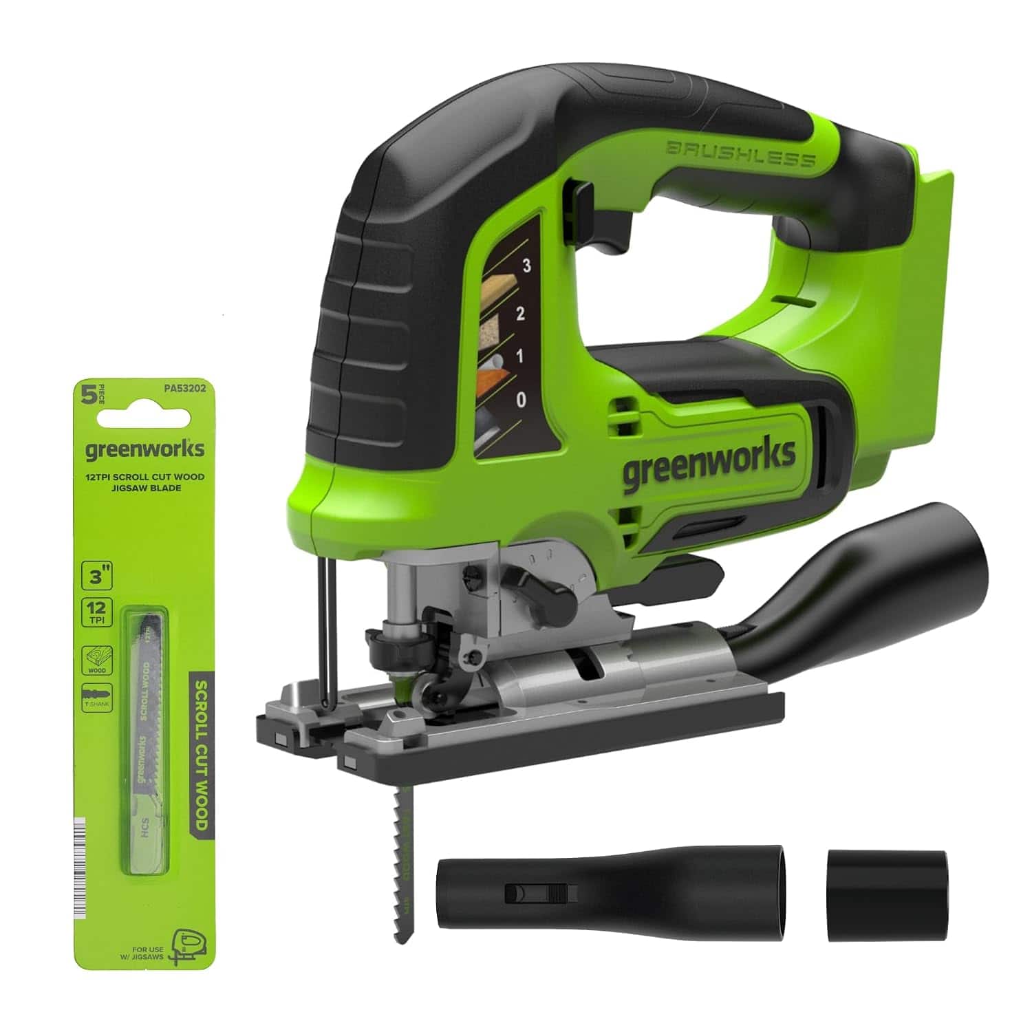PA53202 5 PIBLE greenworks 12TPI SCROLL CUT WOOD JIGSAW BLADE " 3 12 TPI WOOD 15% SCROLLWOOD SCROLL greenworks CUT HCS WOOD  
3 2 1 0 3210  
BRUSHLESS greenworks  
HOMUSE WT JUSANS