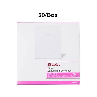 50/Box Staples Disc Ungummed Envelopes White 22 lb 50 5 in x 5 in (12.7 cm x 12.7 cm) Envelopes ST12257