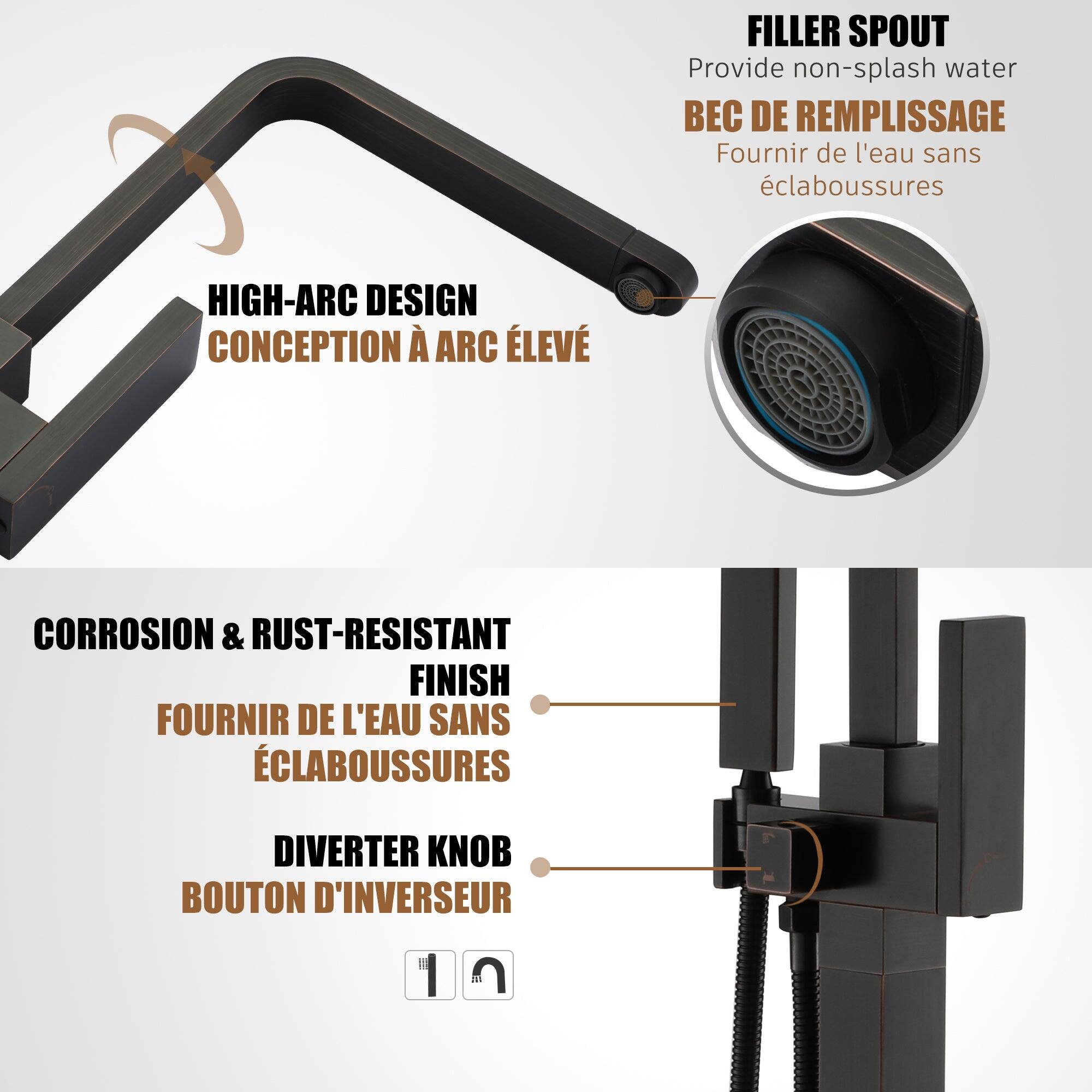 FILLER SPOUT Provide non-splash water BEC DE REMPLISSAGE Fournir de l'eau sans éclaboussures HIGH-ARC DESIGN CONCEPTION À ARC ÉLÉVÉ CORROSION & RUST-RESISTANT FINISH FOURNIR DE L'EAU SANS ÉCLABOUSSURES DIVERTER KNOB BOUTON D'INVERSEUR 1