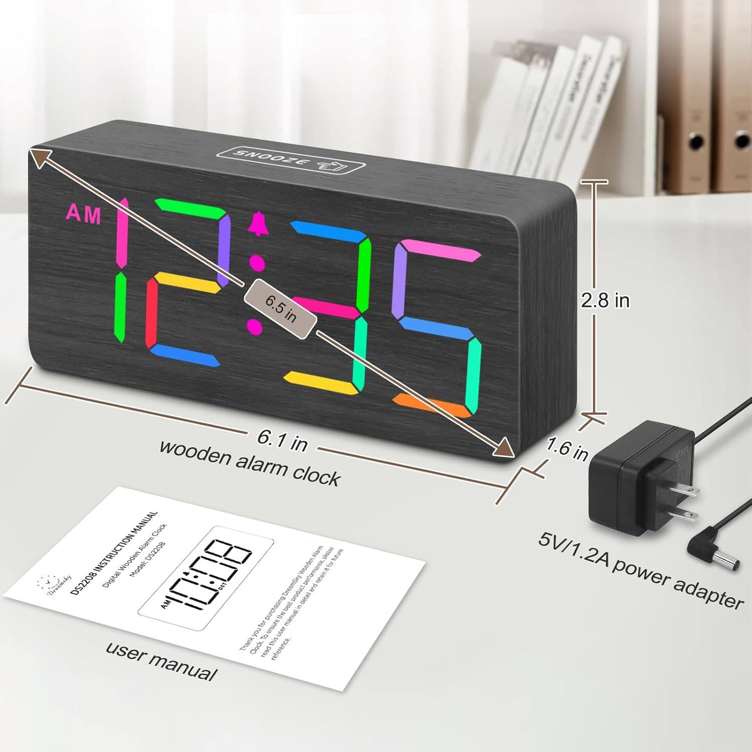 SNOOZE AM 12:35  
2.8 in  
6.5 in  
6.1 in  
1.6 in  
wooden alarm clock  
MANUAL  
Clock Mar Alam  
5V/1.2A  
INSTRUCTION  
Wooden Mode  
Gros Worden  
perummaros  
I for N  
.2A  
power  
Besuncky  
DS2208 Digital  
10:08 AM  
S  
3  
Susscun  
thebest  
De  
Tineumitiry  
manuti  
oepoio  
E  
Ota  
ans  
adapter  
not  
Thank  
Cock & user  
TENS  
HIa.  
manual
