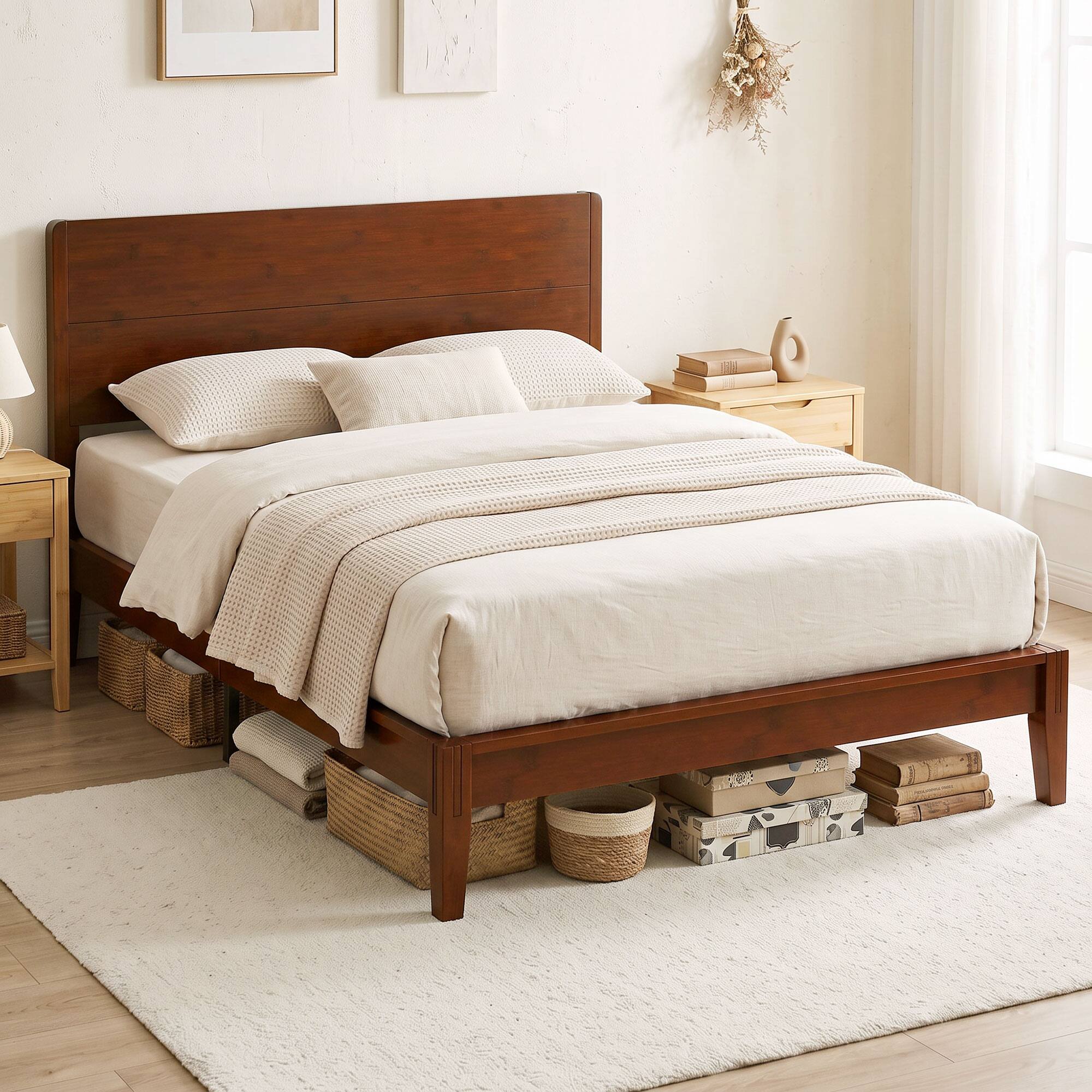 Alt View 7. Homcom - Size Bamboo Platform Bed Frame with Headboard and 12 Poplar Slats, No Box Spring Needed - Brown.
