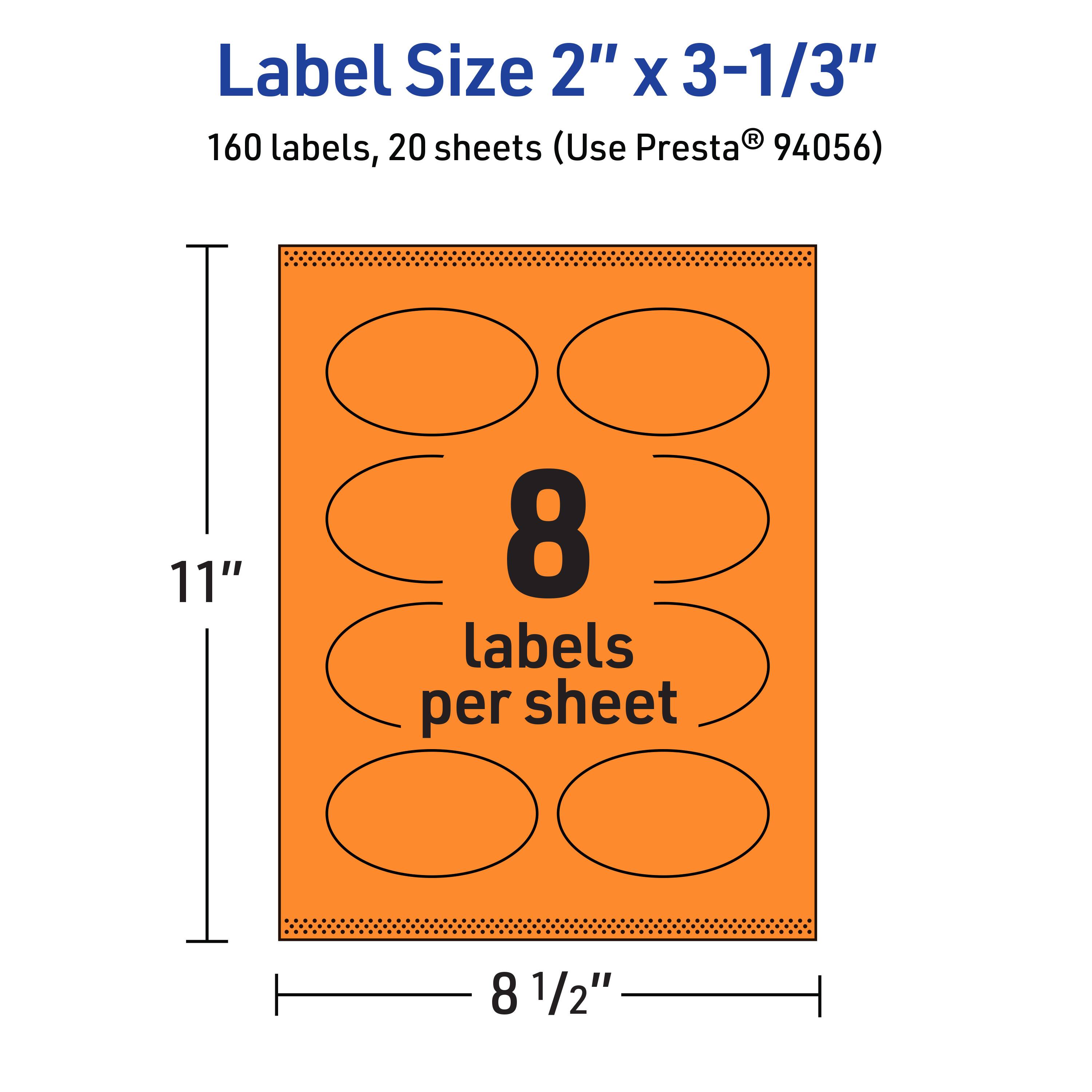 Label Size 2" x 3-1/3"  
160 labels, 20 sheets (Use Presta® 94056)  
8 labels per sheet  
11" x 8 1/2"