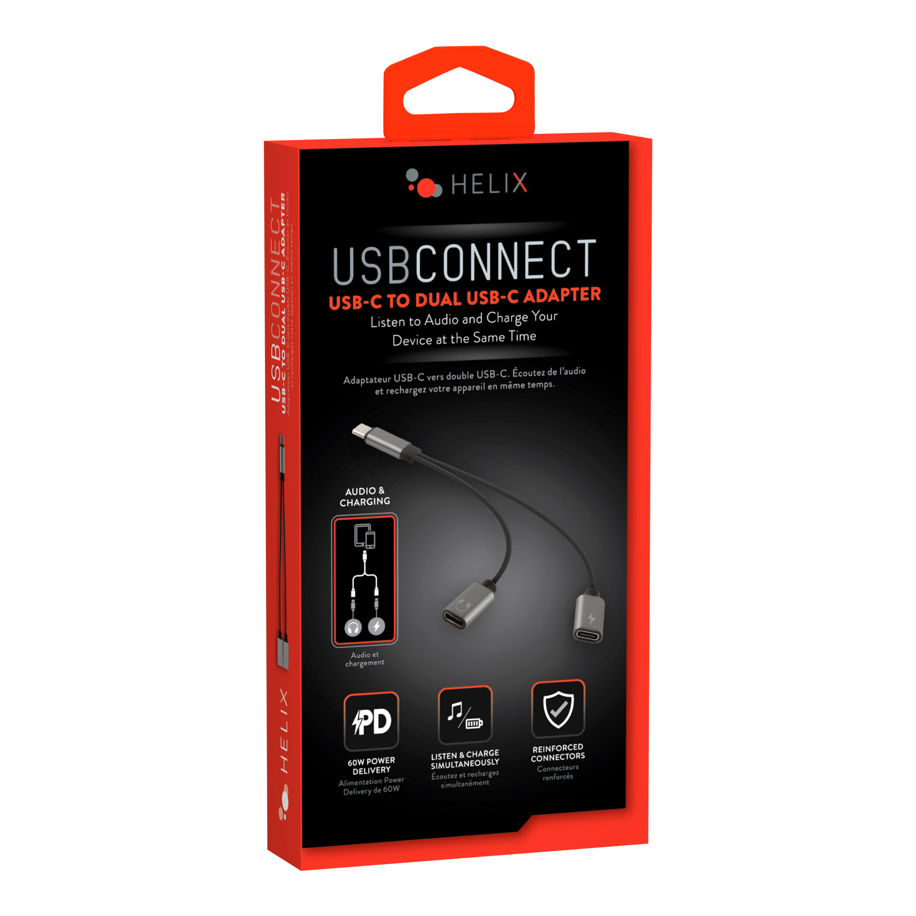 HELIX ADAPTE MUALURC.AMAPTER | USBCONNECT CONN USB-C TO DUAL USB-C ADAPTER  
Audio and Charge Your Listen to Device at the Same Time  
Adaptateur et rechargez USB-C avec votre double appareil USB-C en même temps.  

AUDIO & CHARGING  
HELIX Audio a Insmagrata 4PD 11 CHARGE REINFORCED LISTEN & CONNECTORS NOW POWER SIMULTANEOUSLY DELIVERY  
Contecteurs Ecovner a1 recharger renforcés Alimentation Pewer sOW simultanément Delivery de  

HELIX  
USBCONNECT  
USB-C TO DUAL USB-C ADAPTER  
Listen to Audio and Charge Your Device at the Same Time  
Adaptateur USB-C vers double USB-C. Écoutez de l'audio et rechargez votre appareil en même temps.  

AUDIO & CHARGING  
Audio et chargement  

PD  
60W POWER  
Alimentation Power Delivery de 60W  

LISTEN & CHARGE SIMULTANEOUSLY  
Écoutez et rechargez simultanément  

REINFORCED CONNECTORS  
Contecteurs renforcés