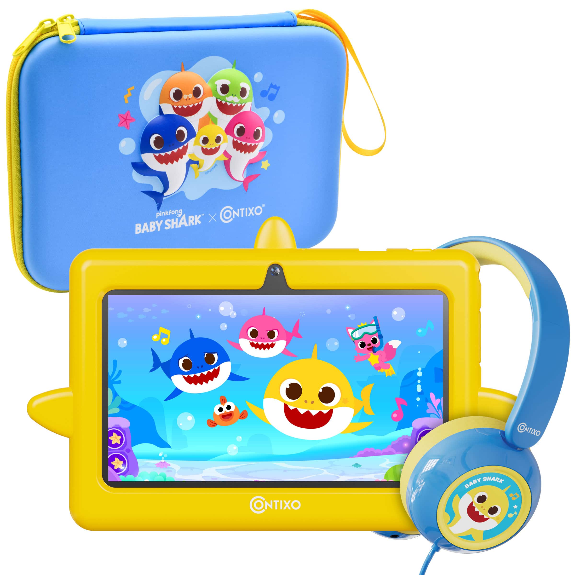 Bundle - Contixo - Baby Shark 7-Inch Kids Tablet with 8 Learning Apps, Protective Case, Headphones & Carrying Bag - Yellow