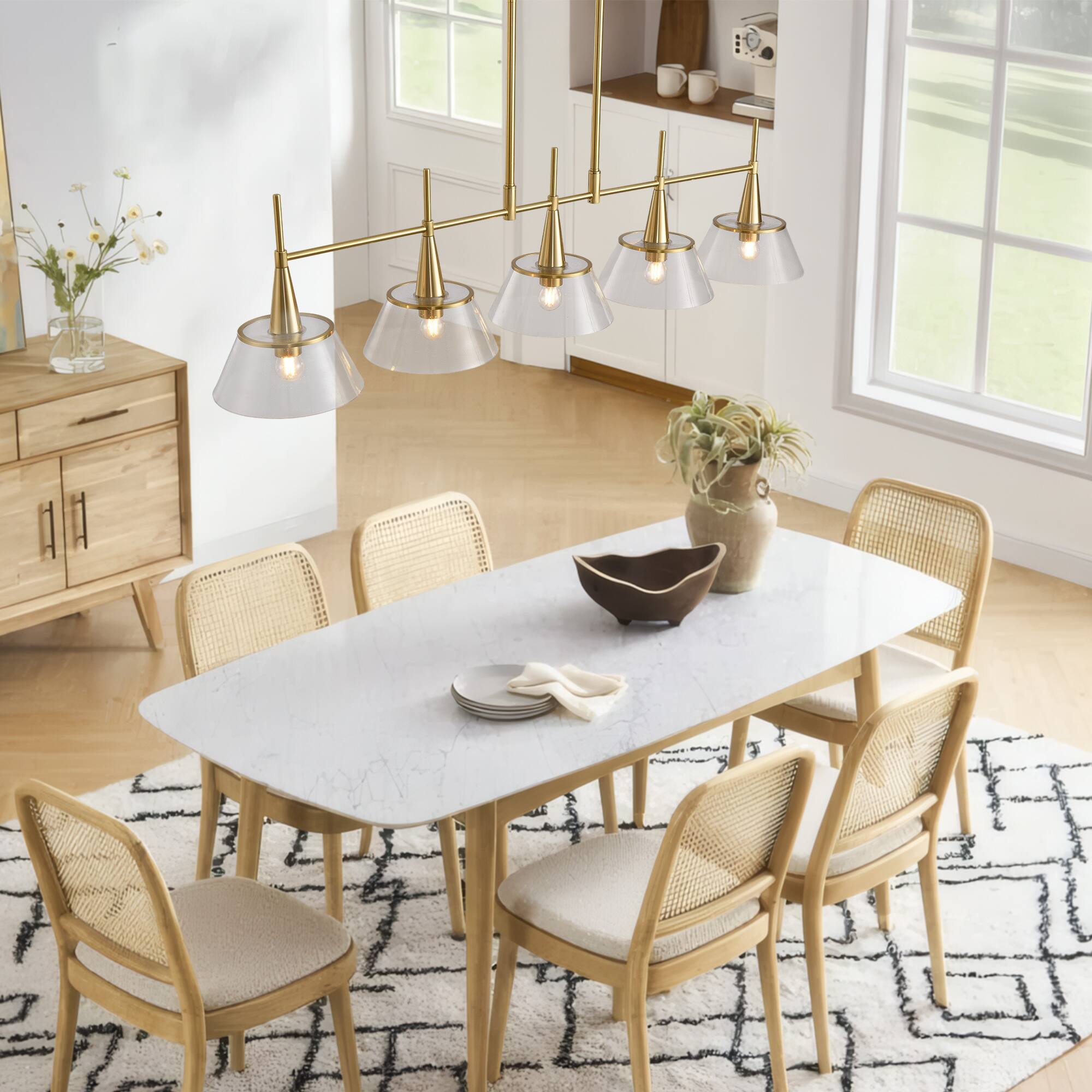 Left. RYHNUYNE - 5-Light Brass Kitchen Island Pendant 59 Inch Large Linear Chandelier with Clear Seed Glass Shades Adjustable Hanging.