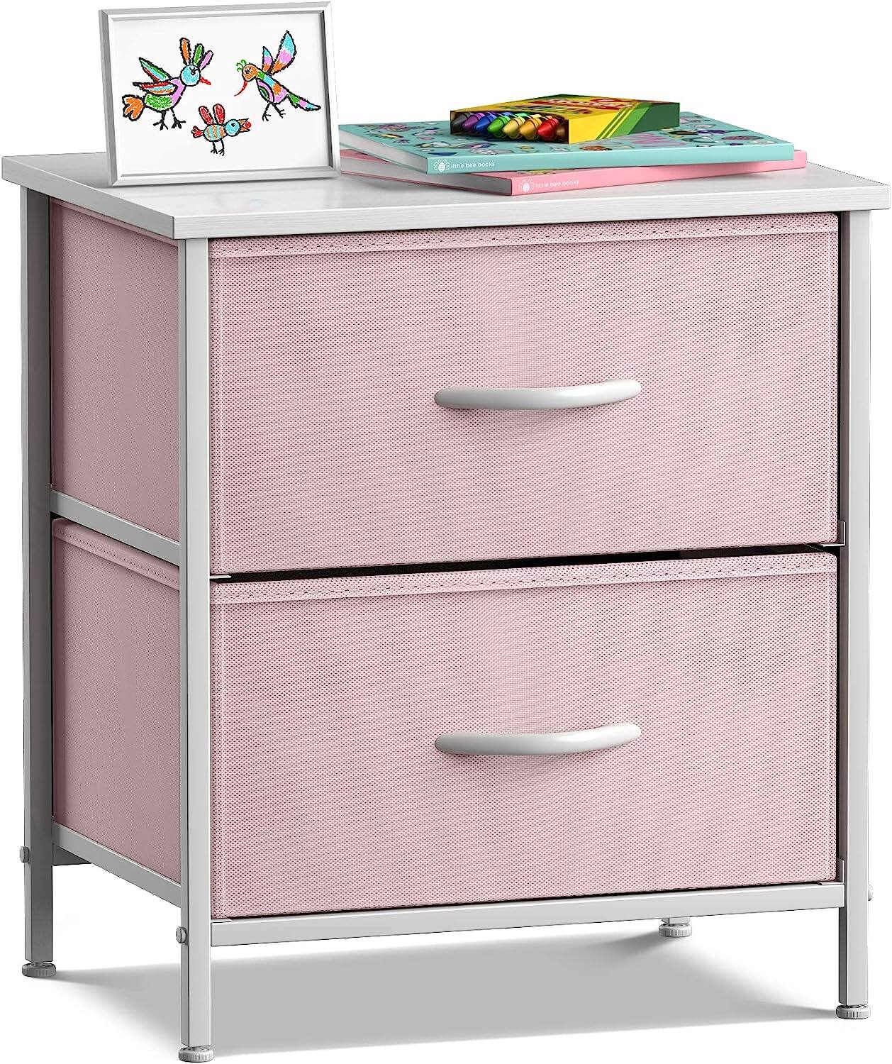 Sorbus - Nightstand with 2 Drawers - Steel Frame, Wood Top &Fabric Bins -Home, Bedroom, Office &College Dorm, Kids Bedside - Pink