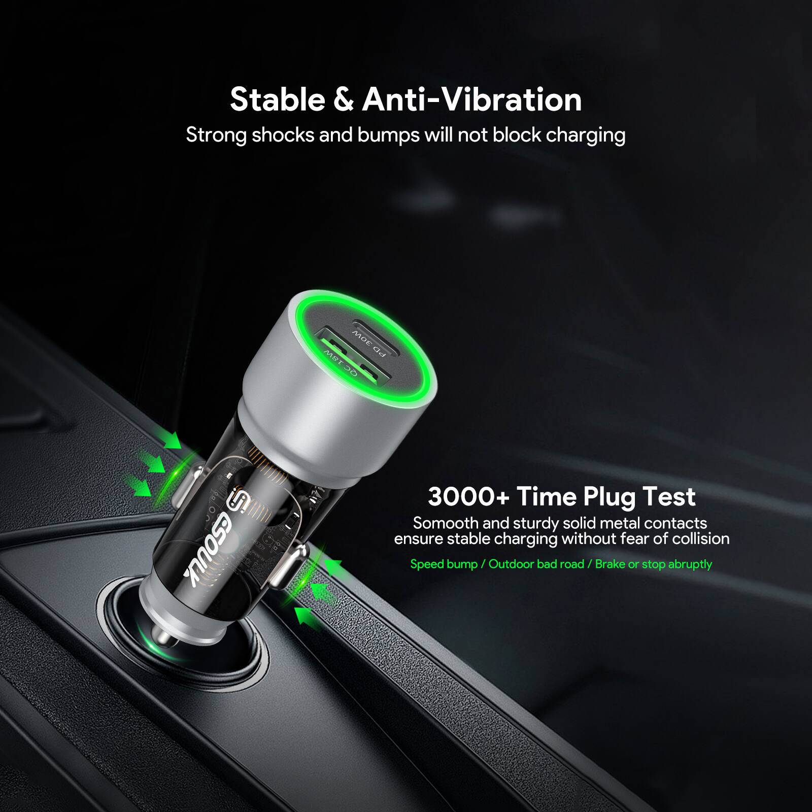Stable & Anti-Vibration  
Strong shocks and bumps will not block charging  

3000+ Time Plug Test  
Smooth and sturdy solid metal contacts ensure stable charging without fear of collision  
Speed bump / Outdoor bad road / Brake or stop abruptly