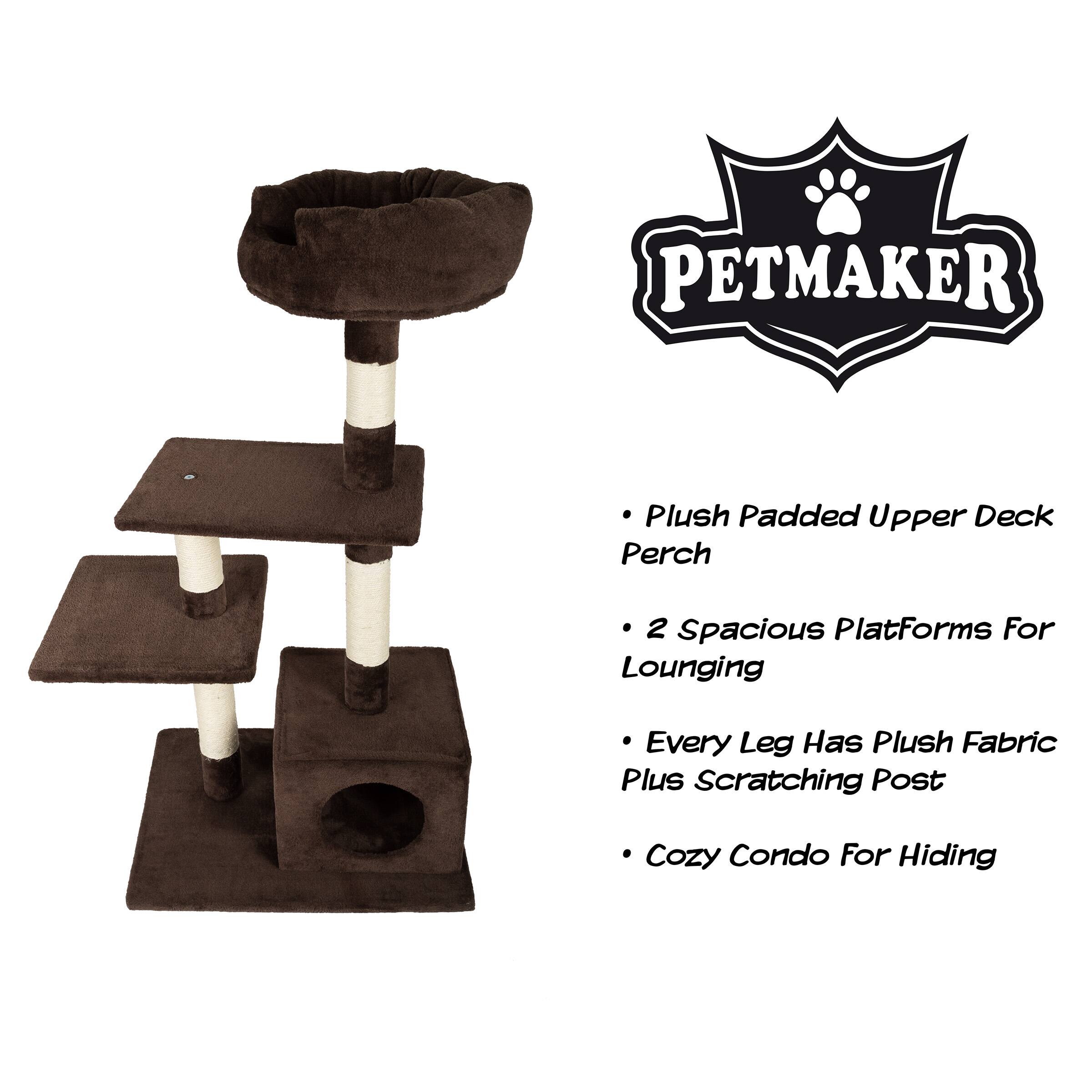 PETMAKER Plush Padded Upper Deck Perch  
2 Spacious Platforms For Lounging  
Every Leg Has Plush Fabric Plus Scratching Post  
Cozy Condo For Hiding