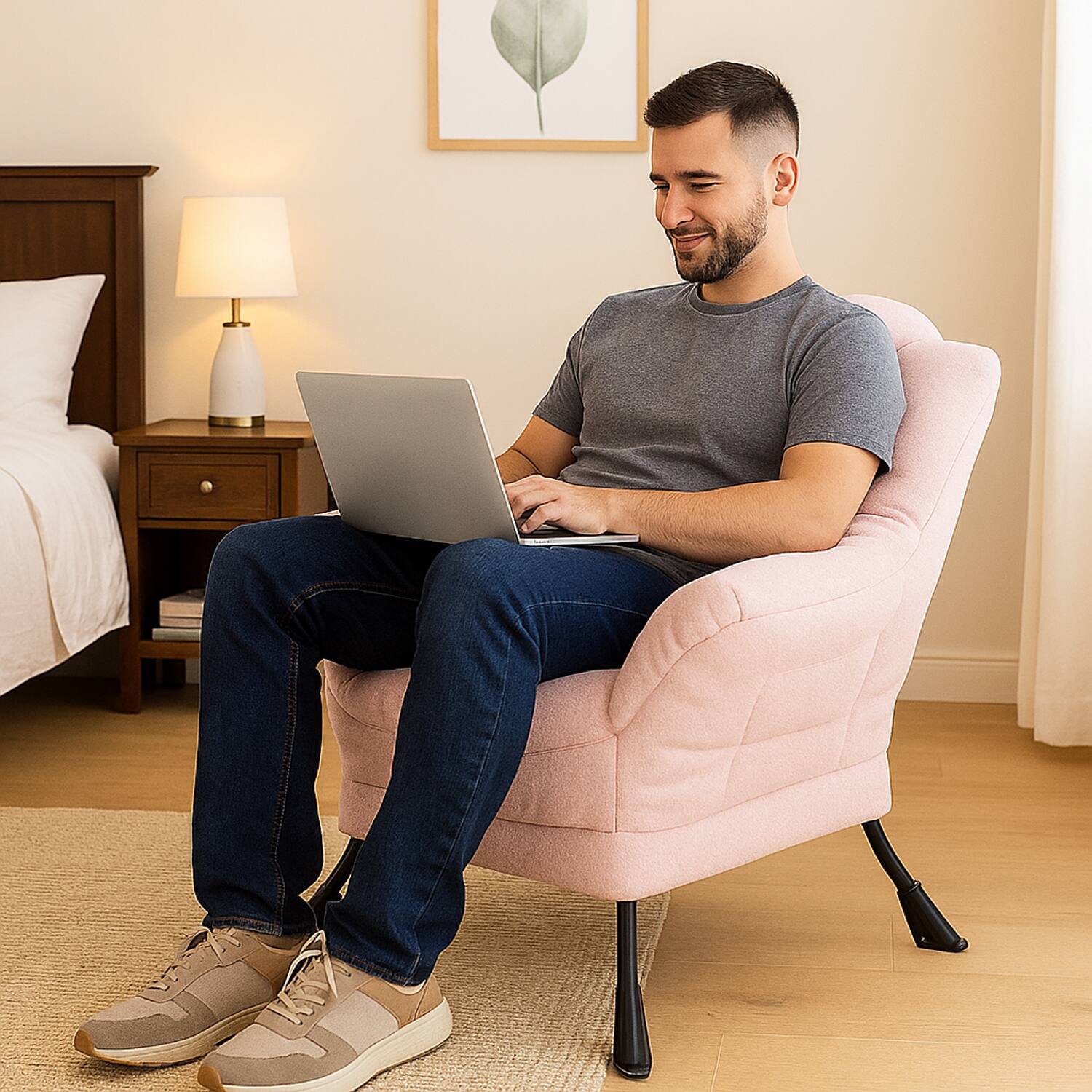 Angle. Hivvago - Upholstered Lounge Chair in Sherpa Fabric with Headrest - Pink.