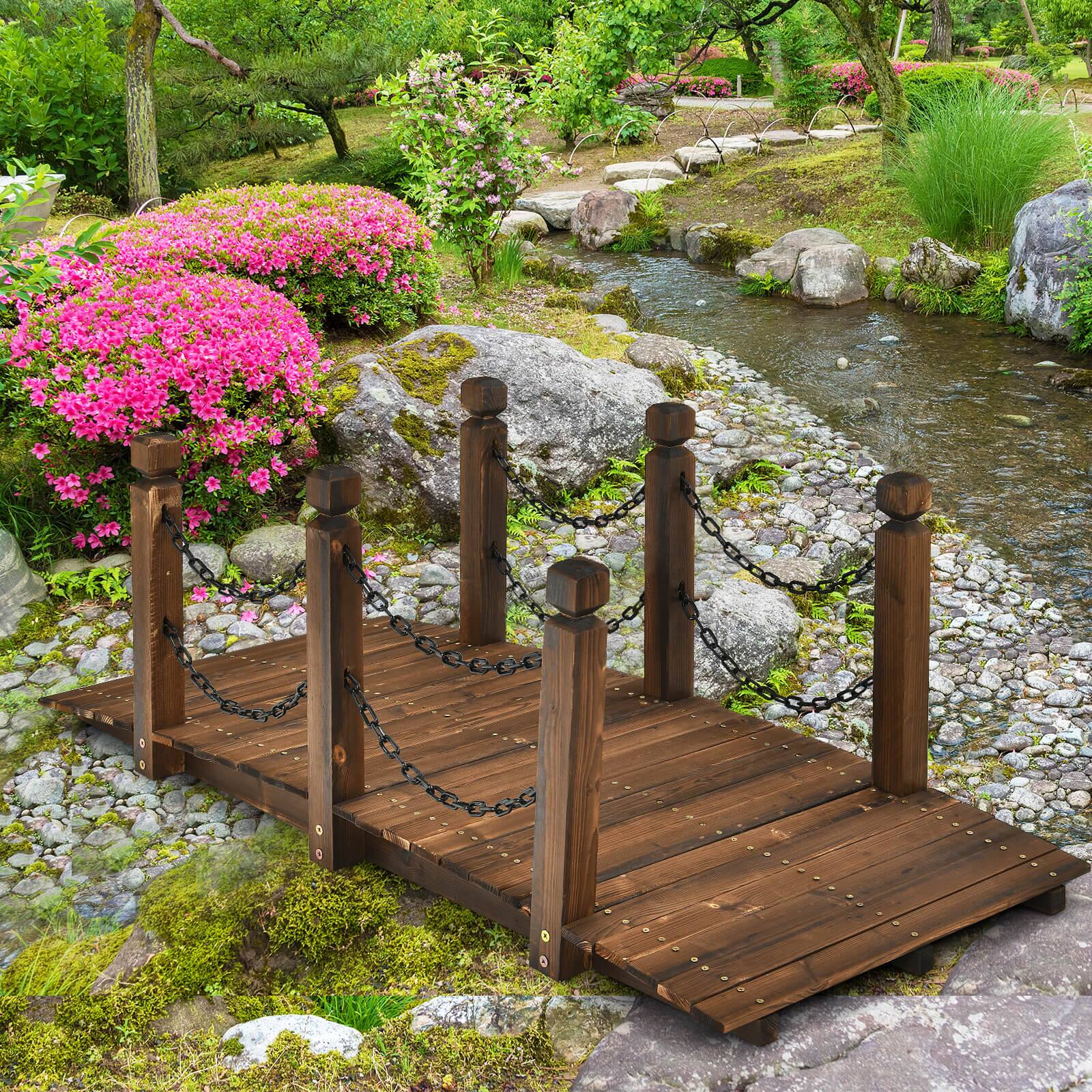 Alt View 1. Costway - 5 ft Wooden Garden Bridge Arc Footbridge Stained Finish Walkway w/Rails - Brown.