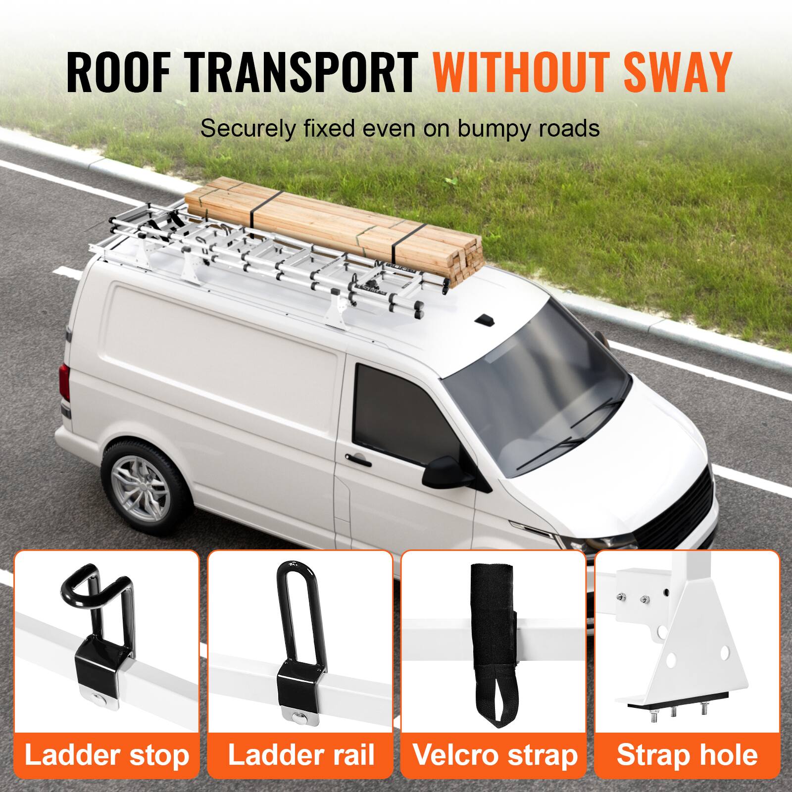 ROOF TRANSPORT WITHOUT SWAY  
Securely fixed even on bumpy roads  

Ladder stop  
Ladder rail  
Velcro strap  
Strap hole