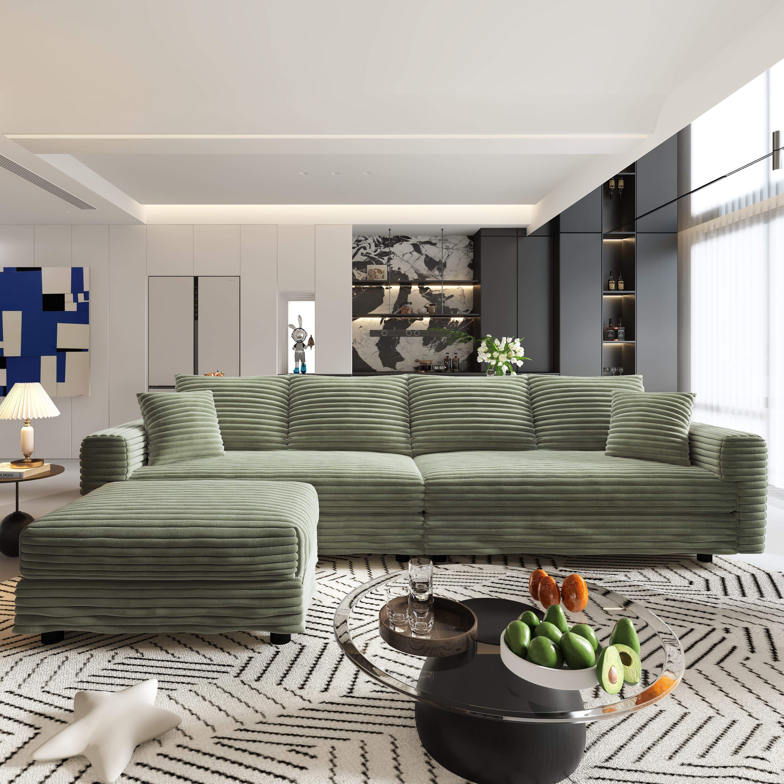 LOVMOR - 102.4 inch Plush Corduroy 4Seat SofaModern Comfy Upholstered Sofa Cloud CouchDeep Seat Couches with Soft Pillows and - Green