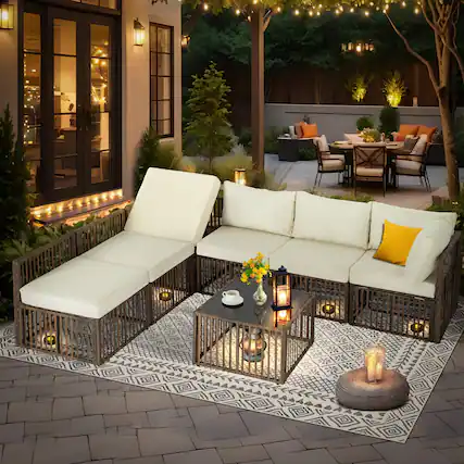 Front. Boyel Living - 7 Piece Modular PE Rattan Patio Sectional Set Brown with Coffee Table - Beige.